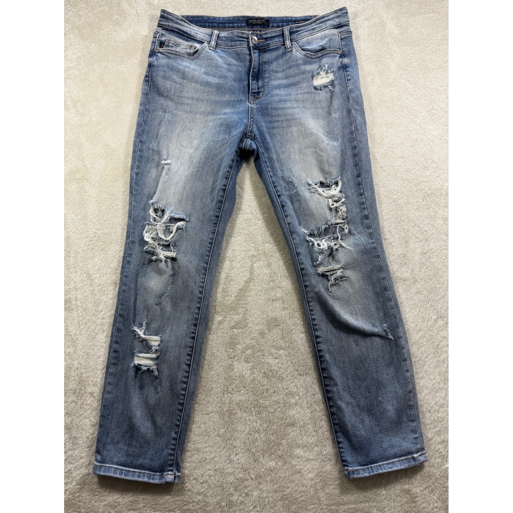 Judy Blue Womens Boyfriend Fit Distressed Blue Jeans 11/30 Meas: 34x28